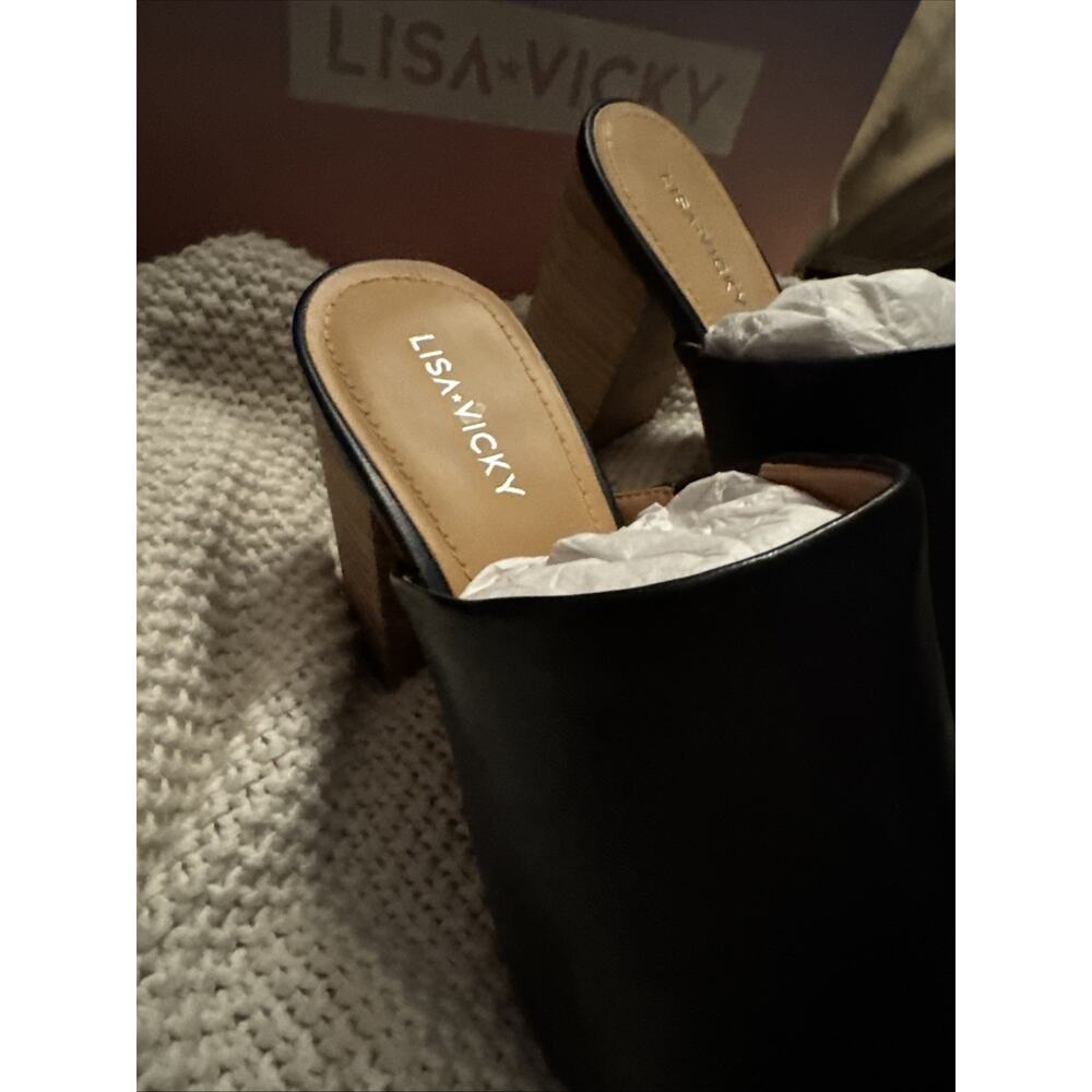 Lisa Vicky Virtue V Heels Black Sheep Nappa Leather Block Heel Mule 9 M NIB - Picture 2 of 8